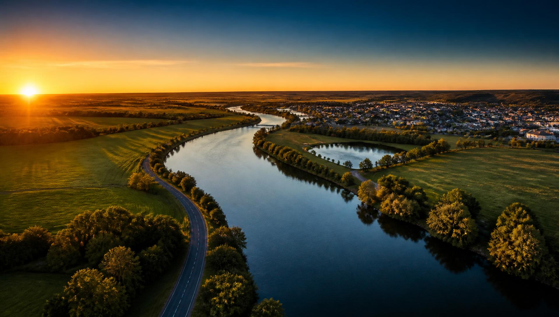 Vue aérienne de la Seine près de Montereau-Fault-Yonne au coucher du soleil