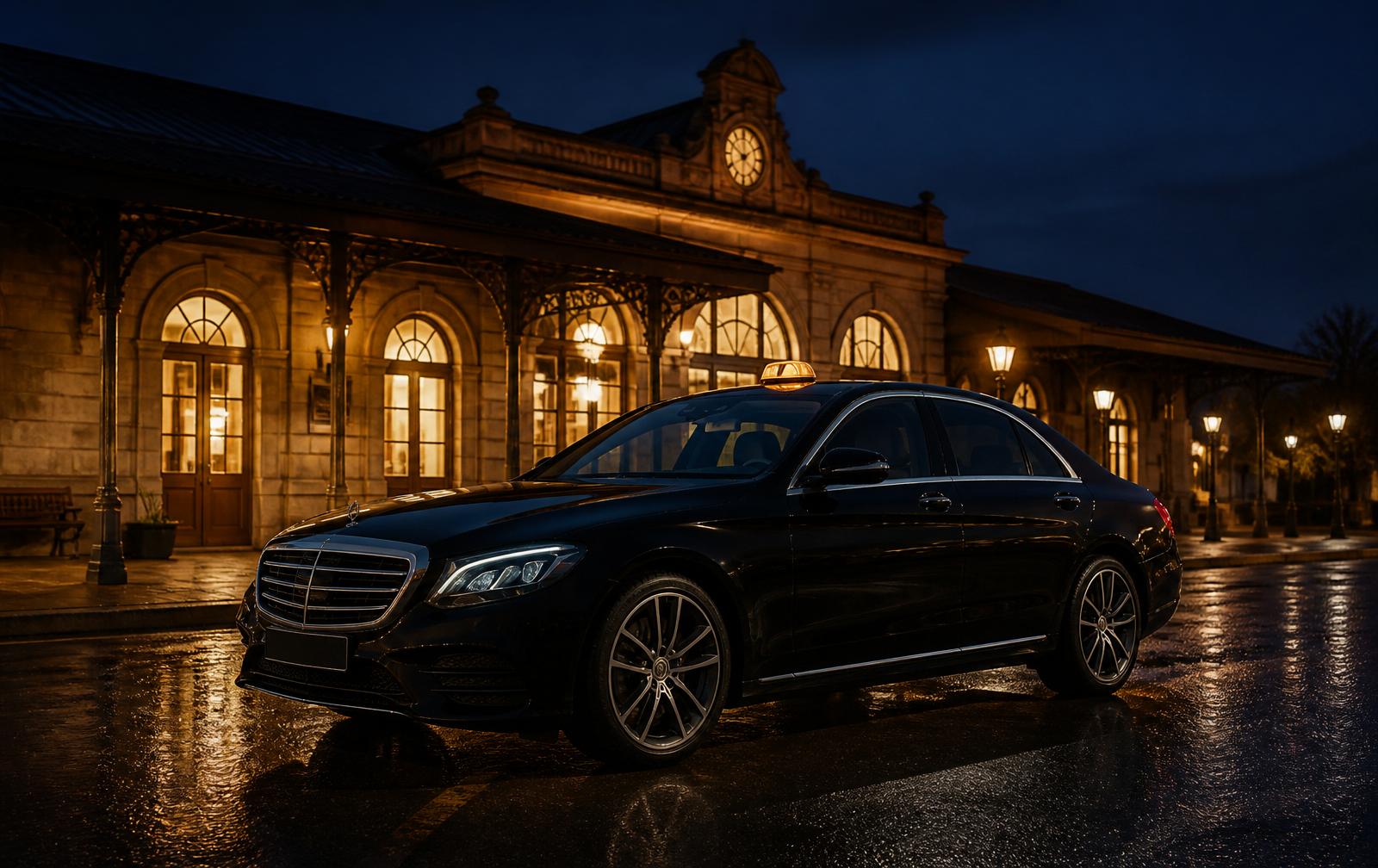 Berline noire de Mobilité Sud 77 devant une gare française illuminée